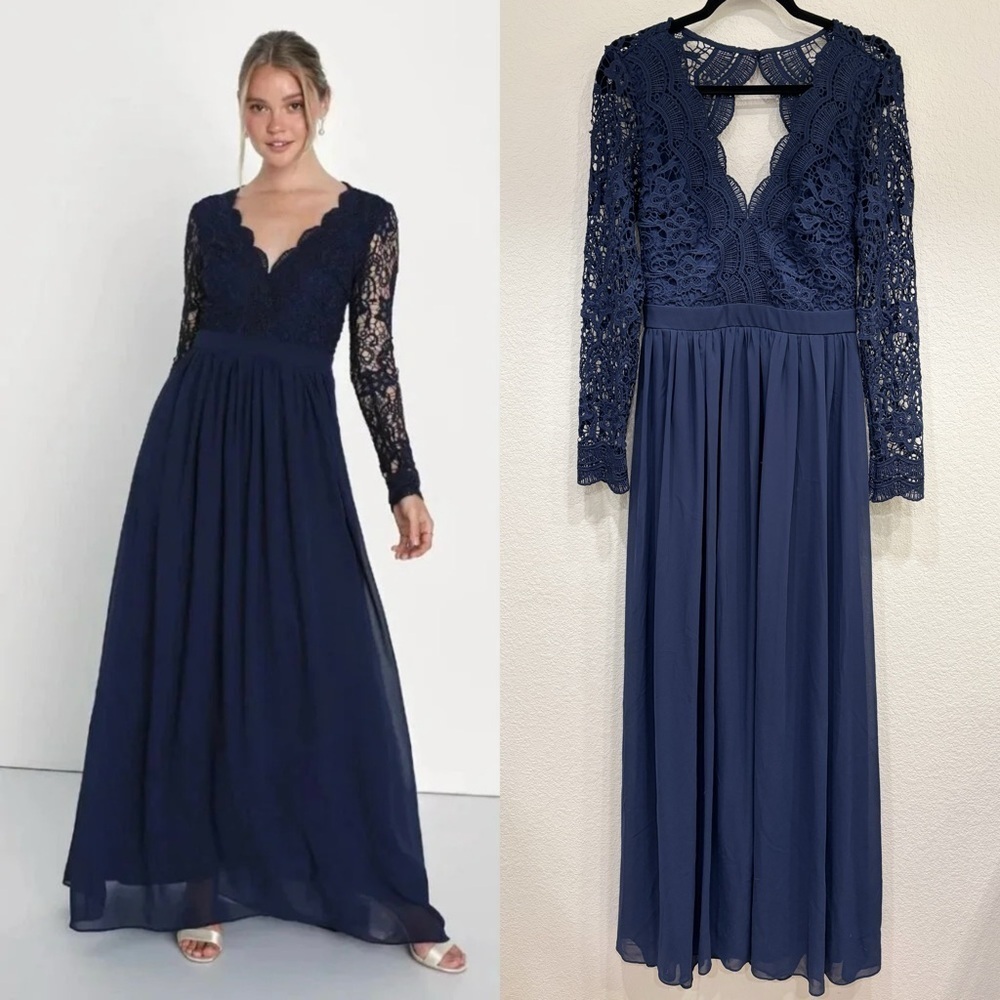 Sz M -‎ NWOT Lulus Dress Awaken My Love Navy Blue Long Sleeve Lace Maxi Dress